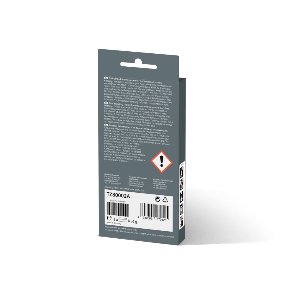 Pastillas descalcificadoras Siemens EQ. Series 2 en 1 00312094 / TZ80002A / 00576693 (x3)