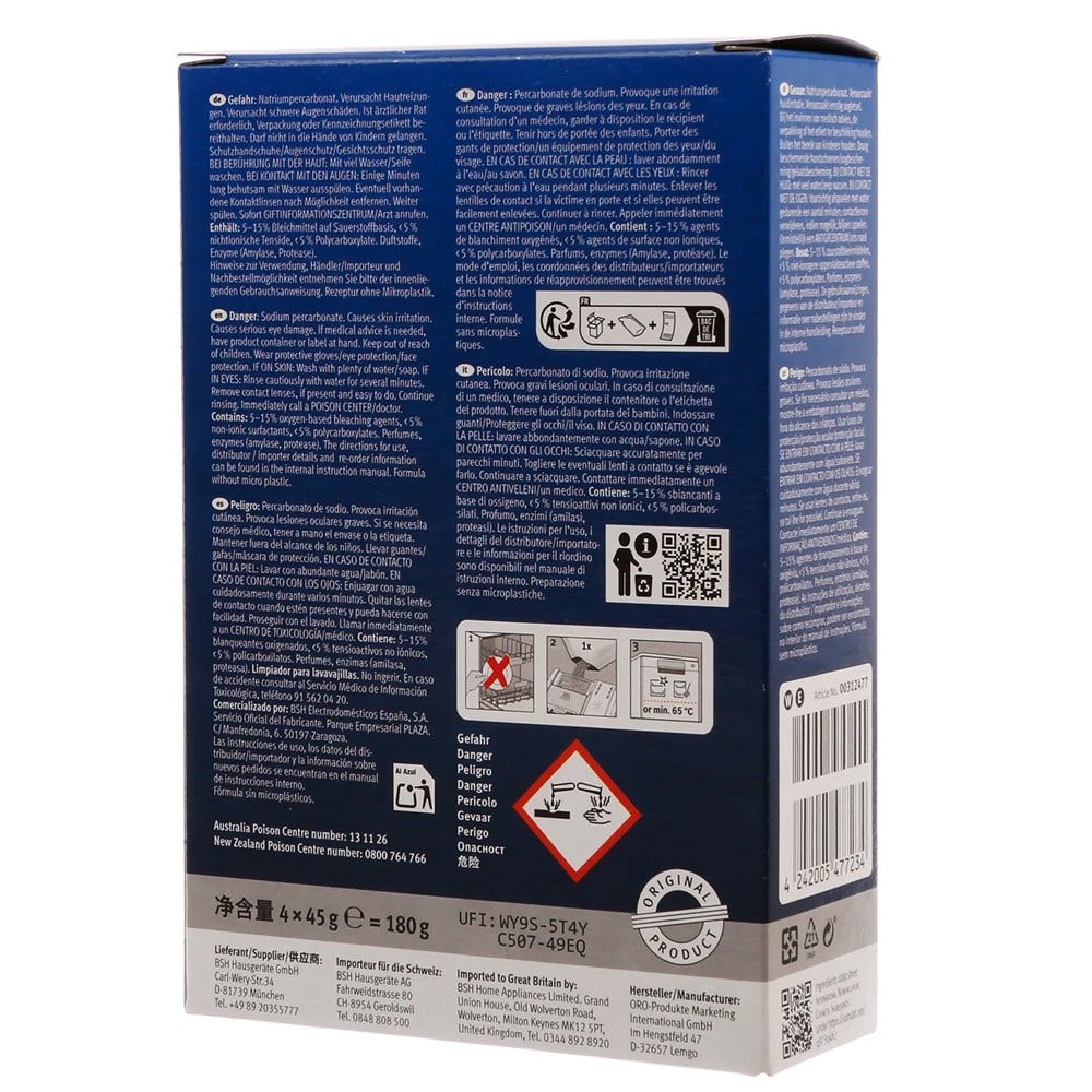Producto de limpieza para lavavajillas Bosch / Siemens (4x45g)