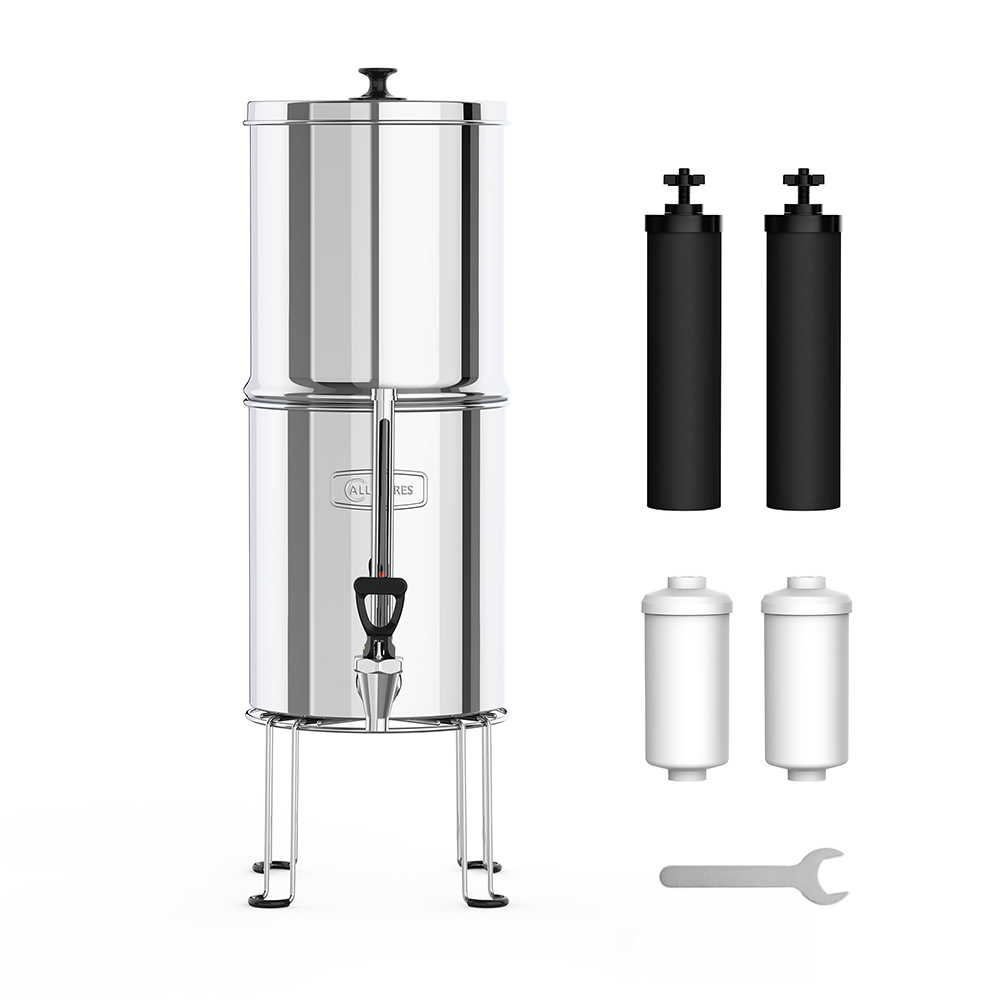 Sistema de filtración de agua por gravedad (8,5l) + 2 filtros de carbón y 2 filtros de flúor