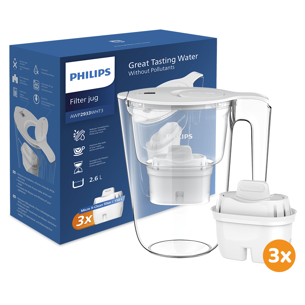 Jarra de agua filtrante Philips 2.6L + 3 filtros de agua Micro X-Clean (filtra PFAS) AWP2933WHT3