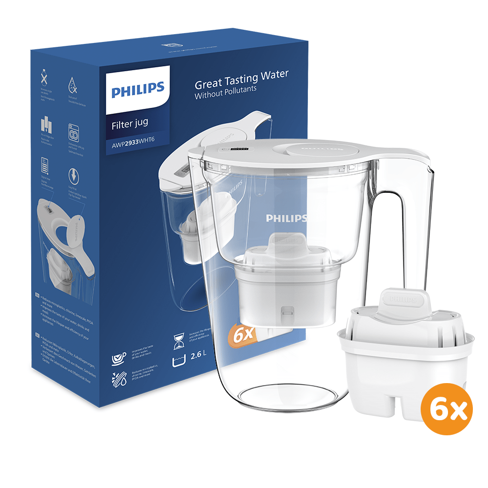 Jarra de agua filtrante Philips 2.6L + 6 filtros Micro X-Clean (filtra PFAS) AWP2933WHT6