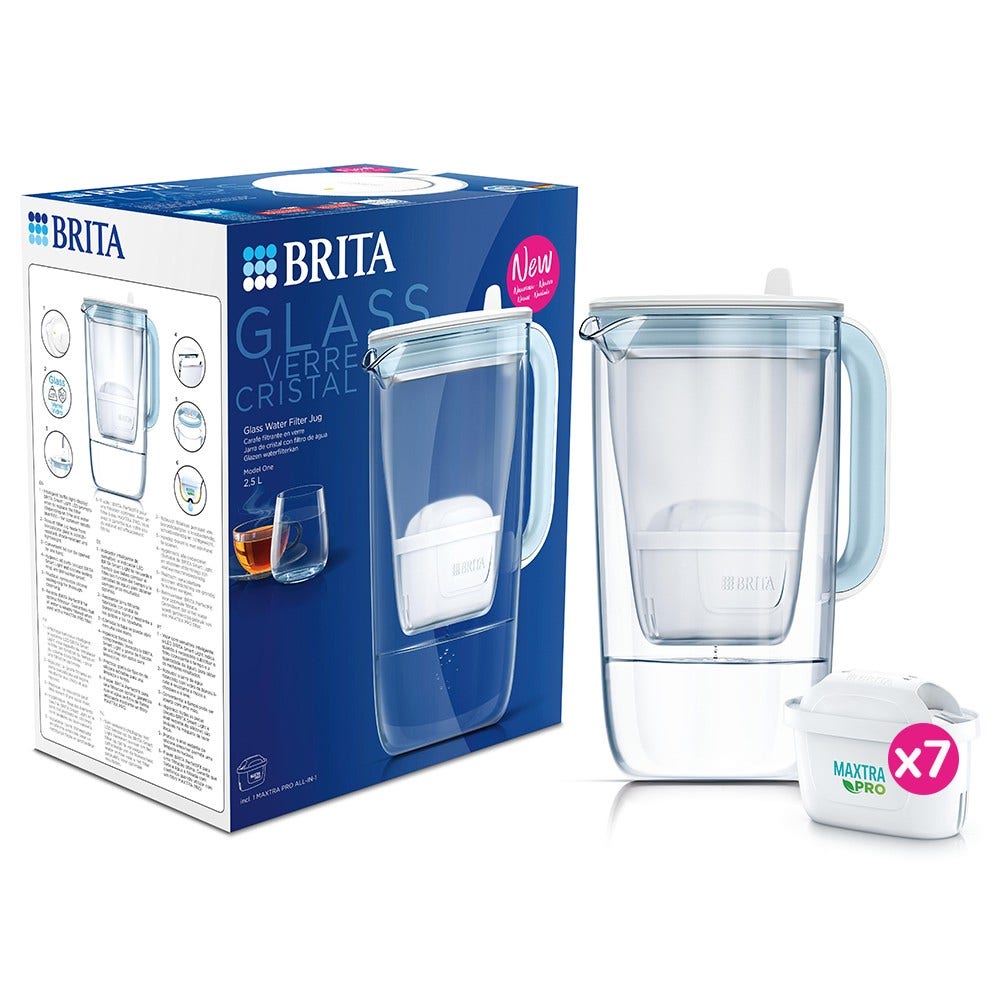 Jarra de cristal filtrante BRITA + 7 Filtros de Agua MAXTRA PRO (filtra PFAS)