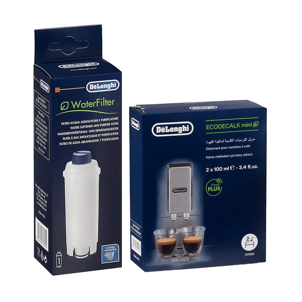 Set de mantenimiento para máquinas de café DeLonghi con filtro de agua + descalcificador (2x100ml)