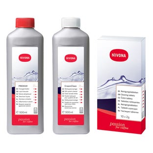 Set de mantenimiento para máquinas de café Nivona CLEAN³BOX compatible con descalcificador + pastillas de limpieza + limpiador del sistema de leche